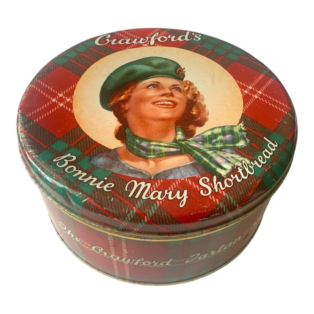 VTG Antique Crawfords Bonnie Mary Shortbread Tartan Scottish Metal Tin Round
